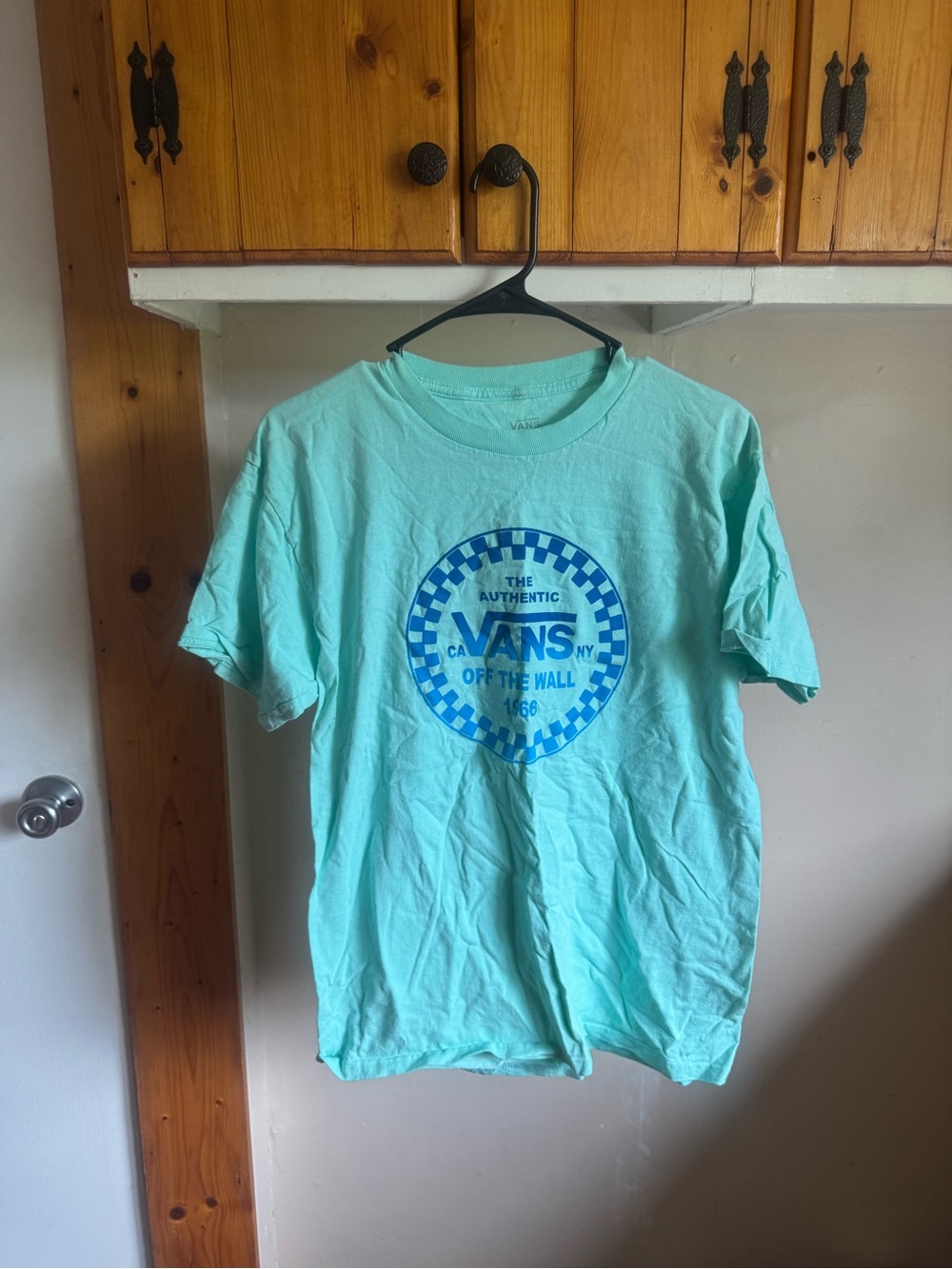 Vans Men's Mint Green Tee with Blue Checker Logo